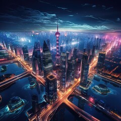 Aerial view of a futuristic cityscape at night with towering skyscrapers illuminated bridges and holographic advertisements filling the skyline 