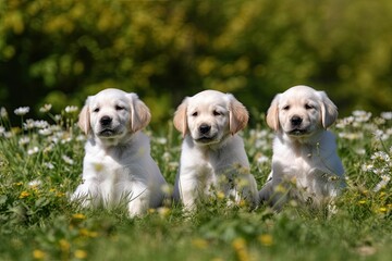 Illustration of three adorable puppies playing in a colorful field of flowers