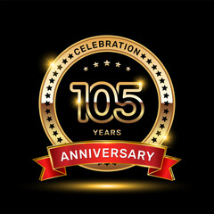 105th anniversary celebration logo design with golden color emblem style and red ribbon, vector template