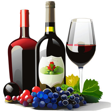 Two bottle of wine and a wineglass with grapes