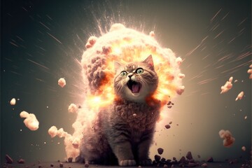 Explosion behind kitten with fire cloud