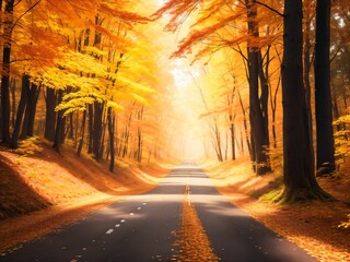 Autumn Scene with a road in forest covered by trees in sunlight generative ai