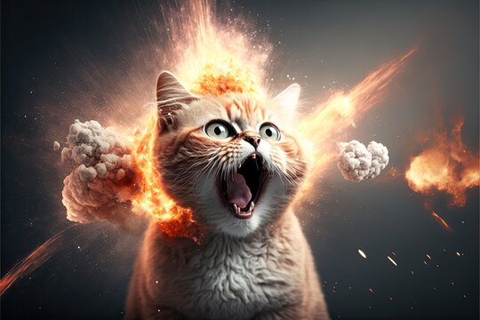 Cat with exploding head and open mouth facial expression