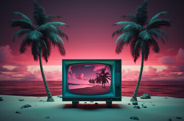 the old tv is sitting in front of the wall with palm trees, in the style of neonpunk, photo-realistic landscapes. Generative AI