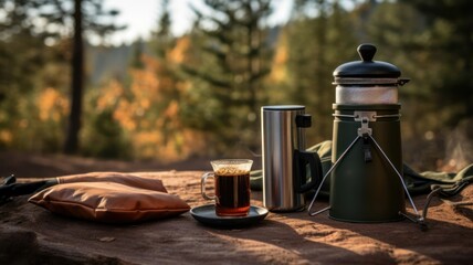 Stilllife Illustration of some coffee on a camping trip in the morning. Generative AI.