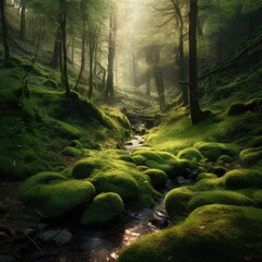 A peaceful and serene forest with tall trees and a soft carpet of moss inviting a sense of calmness and connection with nature 