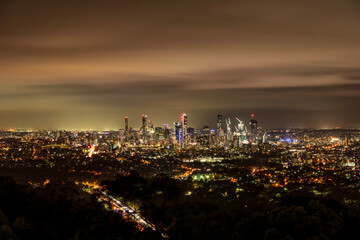 Brisbane city skyline at night. View from Mt Coot-tha.