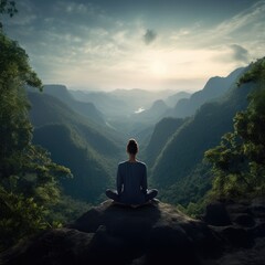 A person meditating on a serene mountaintop surrounded by lush greenery 