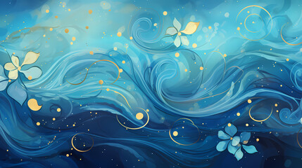 Blue whimsical swirl background with yellow flowers