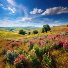 A picturesque countryside landscape with gentle rolling hills colorful wildflowers and a clear blue sky evoking a sense of serenity and tranquility 
