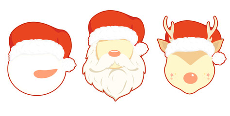 Creative Christmas New Year characters. Santa Claus, snowman, deer. Vector illustration. Creative drawing of stickers, for postcards, design, advertising, stickers, banner. Christmas characters
