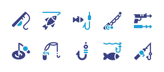 Fishing icon set. Duotone color. Vector illustration. Containing fishing rod, fishing, speargun, ice fishing, fish hook, bait.