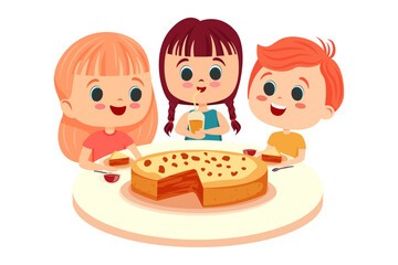 children eat delicious food, happy children, food, celebration, illustration