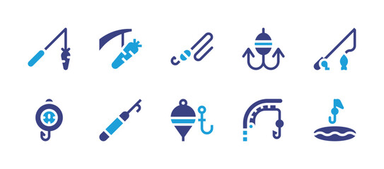 Fishing icon set. Duotone color. Vector illustration. Containing carrot, carrot and stick, fishing rod, fishing hook, scale, harpoon, fishing.