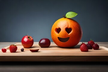 fruits with an orange having laughing emoji on it, Generative Ai technology