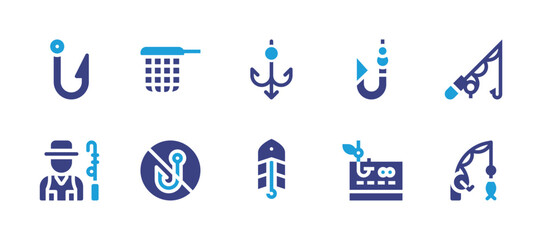 Fishing icon set. Duotone color. Vector illustration. Containing hook, fishing net, fish hook, fishing, fisherman, no fishing, bait, cheque, rod.