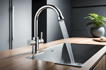 Modern kitchen faucet closeup, by generative Ai