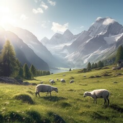 Fototapeta premium A remote alpine meadow with grazing sheep and a backdrop of snowcapped mountains 