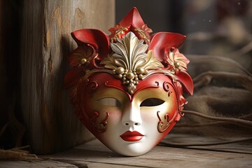 vibrant red and gold masquerade mask resting on a wooden surface