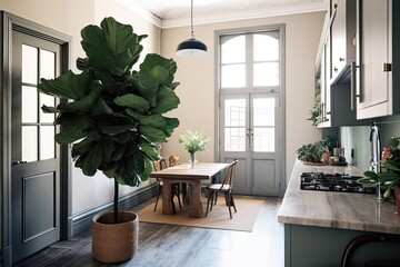 cozy kitchen with wooden table and green potted plant. Generative AI