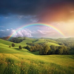Obraz premium A serene and picturesque countryside scene with rolling hills and a vibrant rainbow representing peace and harmony generative AI