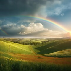 A serene and picturesque countryside scene with rolling hills and a vibrant rainbow representing peace and harmony 