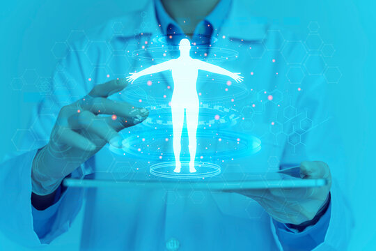 Doctor with body hologram, overlay and dna research for medical innovation on mobile touch screen app for print about anatomy education or medical concept