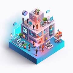 Obraz premium A social media marketing team portrayed in an isometric illustration with marketers managing online presence and campaigns 