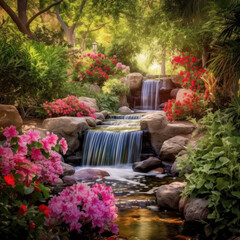 Fototapeta na wymiar A tranquil and peaceful garden with a cascading waterfall lush greenery and colorful blossoms creating a serene and rejuvenating environment generative AI