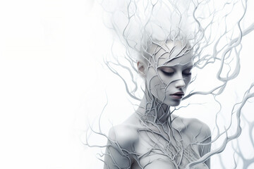 Young woman with a surreal, out worldly organic hairstyle in white and grey tones, isolated