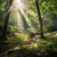A tranquil forest scene with rays of sunlight streaming through the trees conveying serenity and harmony 