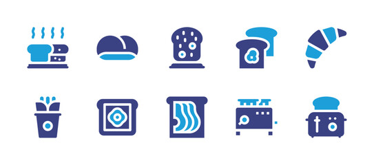 Toast icon set. Duotone color. Vector illustration. Containing bread, toast, french toast, croissant, cup toast, toaster.