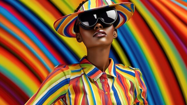 Fototapeta Young african female model wearing VR posing with trendy fashion outfit and colorful optical art abstract background. Picturesque generative AI