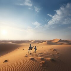 A vast desert landscape with towering sand dunes with a solitary camel trekking across the scene 