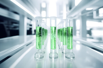 Transparent glass test tube, Liquid, Green substance, Virus vaccine on table in white room or clean room Science experiment background, Medical, Pharmaceutical production. Copy space. Generative Ai.