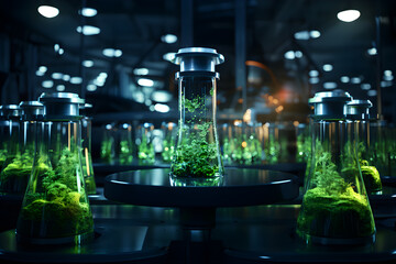 laboratory test tube biology science genetically modified plants sapling green plant in water structure of reproduction of organisms moss and fungi abstract concept background. Generative Ai.