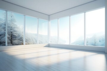 Illustration of an empty room with a panoramic view of a snow-covered forest