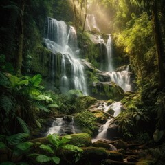 Breathtaking view of a cascading waterfall in a lush rainforest generative AI