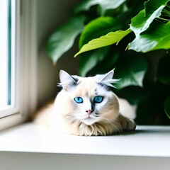 Portrait cat with blue eyes lying and look away by sunny window