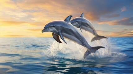 Dolphins leaping out  a reef undersea