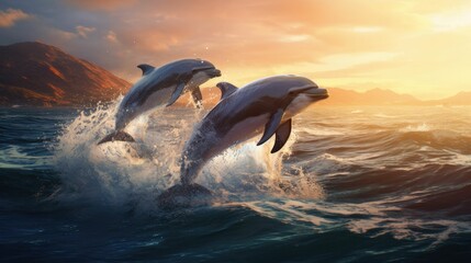Dolphins leaping out  a reef undersea