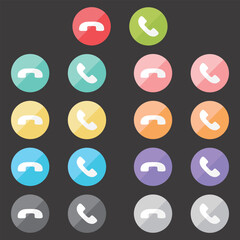 Colorful accept and decline phone buttons vector illustration. Phone call icons. Incoming call buttons. Call screen icons. Cartoon illustration.