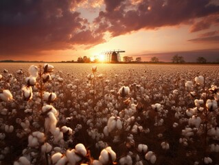 agricultural field of cotton during sunset or sunrise, generative ai