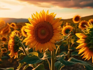agricultural field of sunflowers during sunset or sunrise, generative ai