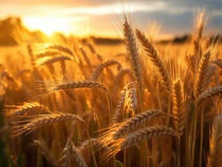 a field of wheat during sunset or sunset close to harvesting time, generative ai