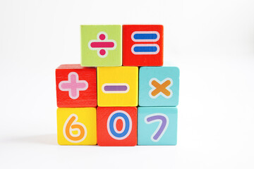 Number wood block cubes for learning Mathematic, education math concept.