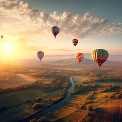 Colorful hot air balloons floating above a scenic landscape 