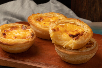 Typical Portuguese dessert custard tart. Selective focus.