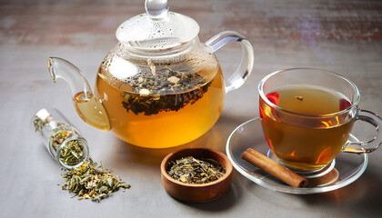 Winter herbs and spices tea in glass teapot and mug, alternative medicine for the immune system,...
