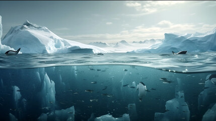 Fototapeta na wymiar Arctic daytime landscape showing white icebergs floating in the ocean